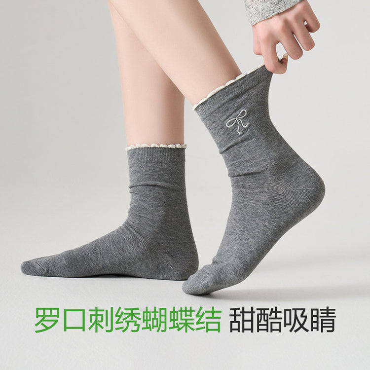 女襪|黑色堆堆襪子女彈性花邊襪口刺繡蝴蝶結中筒襪棉質親膚舒適休閒襪「TM3623」25.01-2