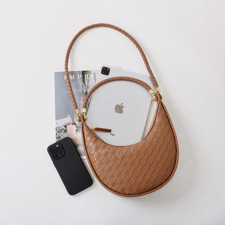 質感真皮|編織半月包Hobo腋下包2025新款百搭單肩大容量女包斜挎手提包「6032」25.02-2