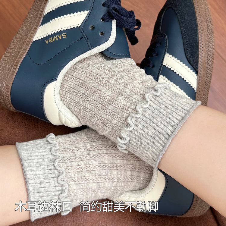 女襪|彈力木耳邊襪子女棉質吸汗透氣薄款堆堆襪竪條鏤空網眼舒適中筒襪「CX798」25.08-1