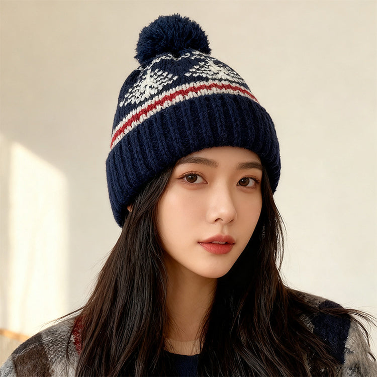 流行帽子|2025復古費爾島風毛線帽子女冬季加厚保暖針織帽日系護耳毛球冷帽「C4775AA」25.12-1