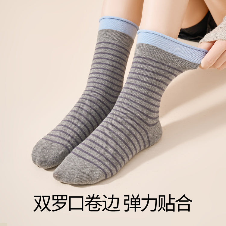 女襪|撞色雙羅口襪子女舒適卷邊條紋中筒襪棉質吸汗透氣彈力無骨堆堆襪「MK5120」25.07-5