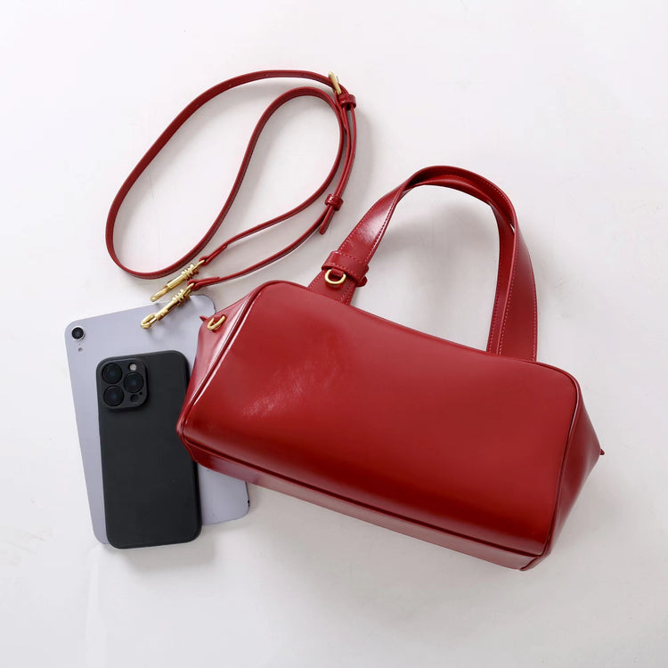 質感真皮|2025新款時尚牛皮手柄保齡球波士頓手提包小眾設計休閒百搭斜背包「8566」25.09-2