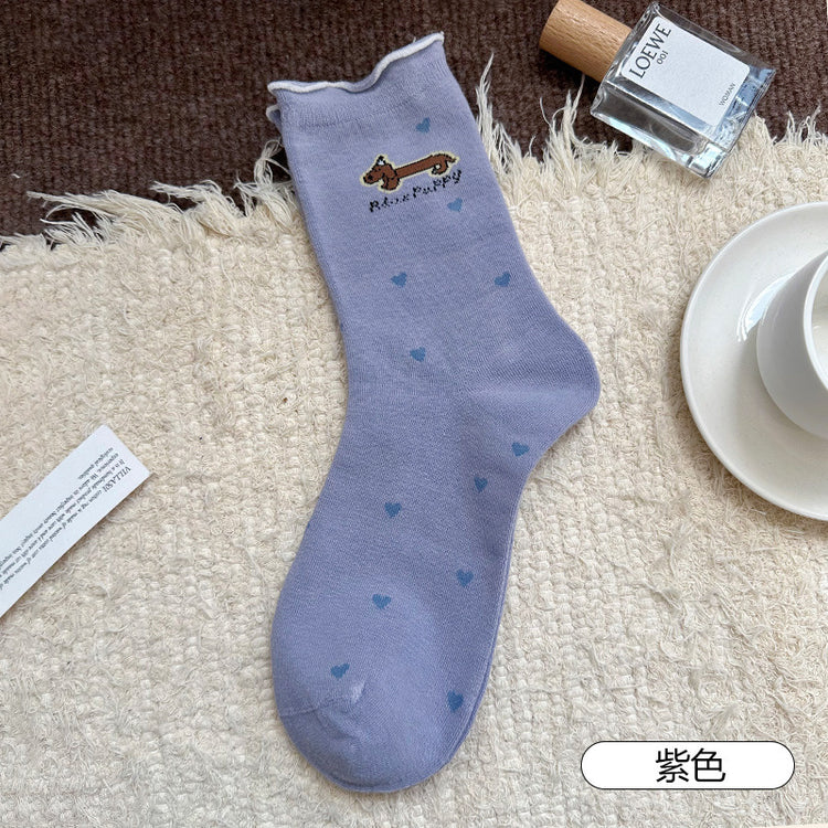女襪|彈力卷邊襪子女可愛卡通圖案學院風中筒襪棉質吸汗透氣舒適堆堆襪「YM2454」25.08-4