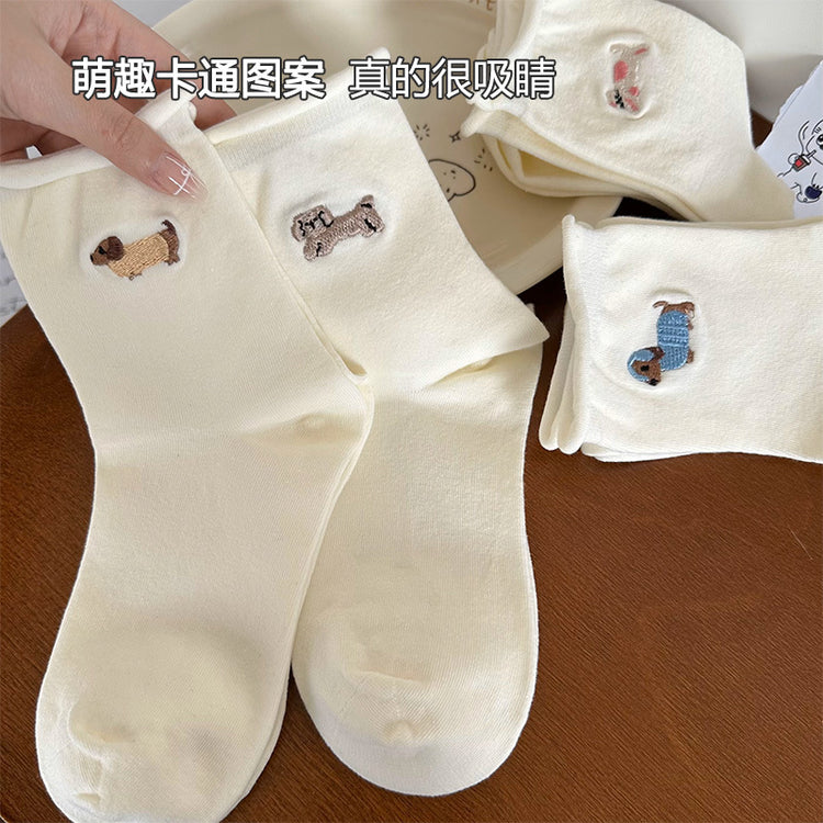 女襪|白色卡通卷邊襪子女夏季薄款ins潮刺繡中筒襪棉質吸汗透氣堆堆襪「PS0119」25.04-1