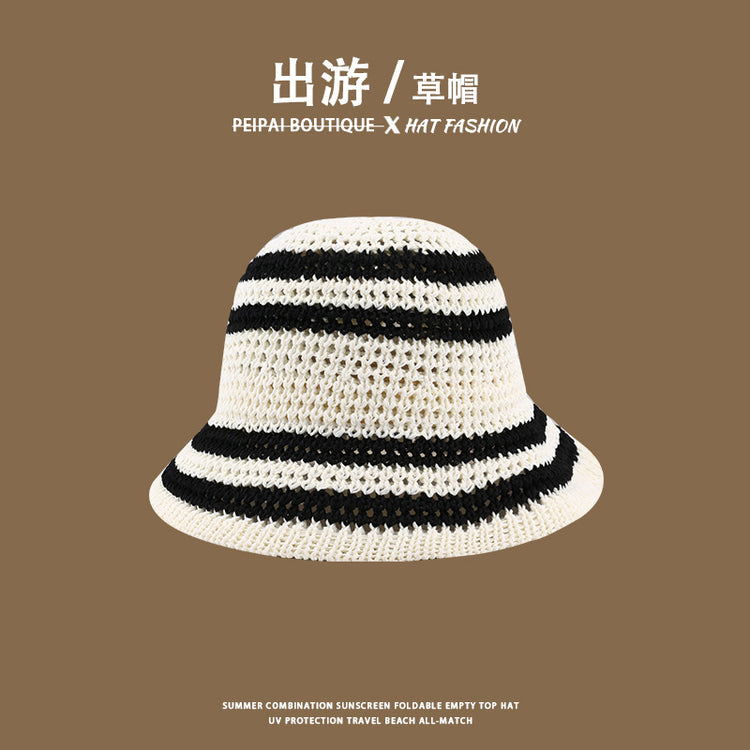 流行帽子|草帽編織女可折疊沙灘帽夏季鏤空透氣水桶帽甜美海邊遮陽帽子批發「C3748」24.03-4