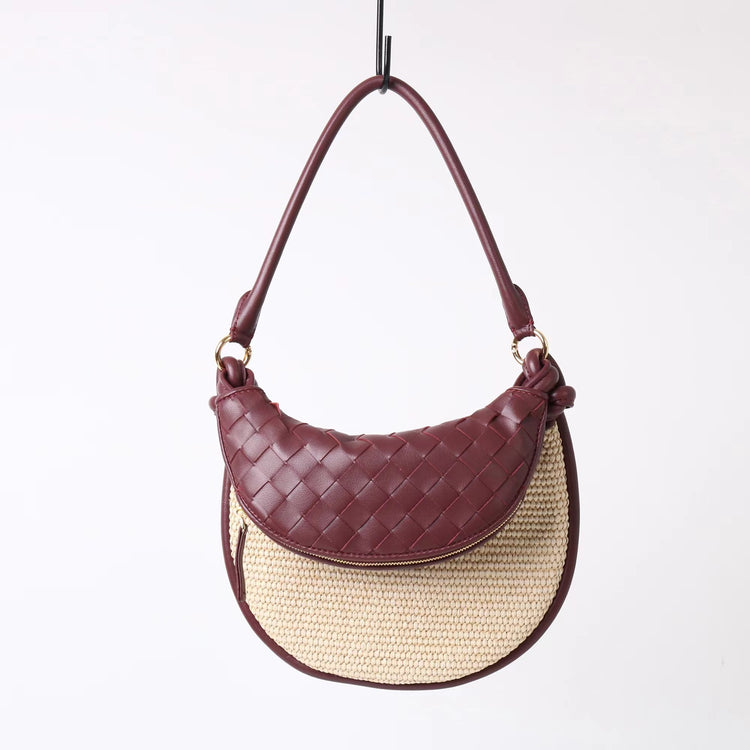 質感真皮|2025新款拉菲草編拼牛皮雙子包拼色月亮包度假單肩腋下包時尚編織包「9781-1」25.07-1