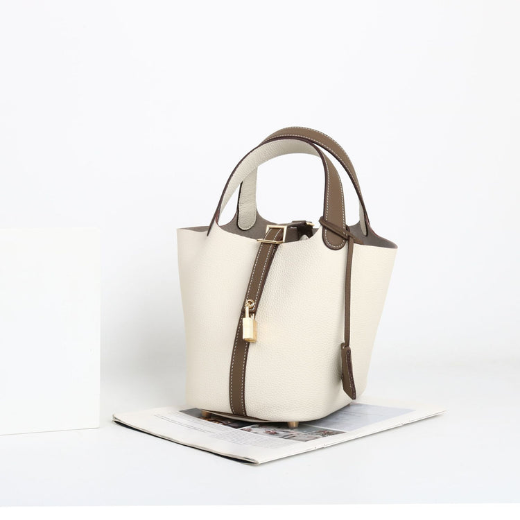 質感真皮|togo頭層牛皮拼接菜籃2024年新款時尚軟牛皮水桶包手提手拎包「226#」24.10-3