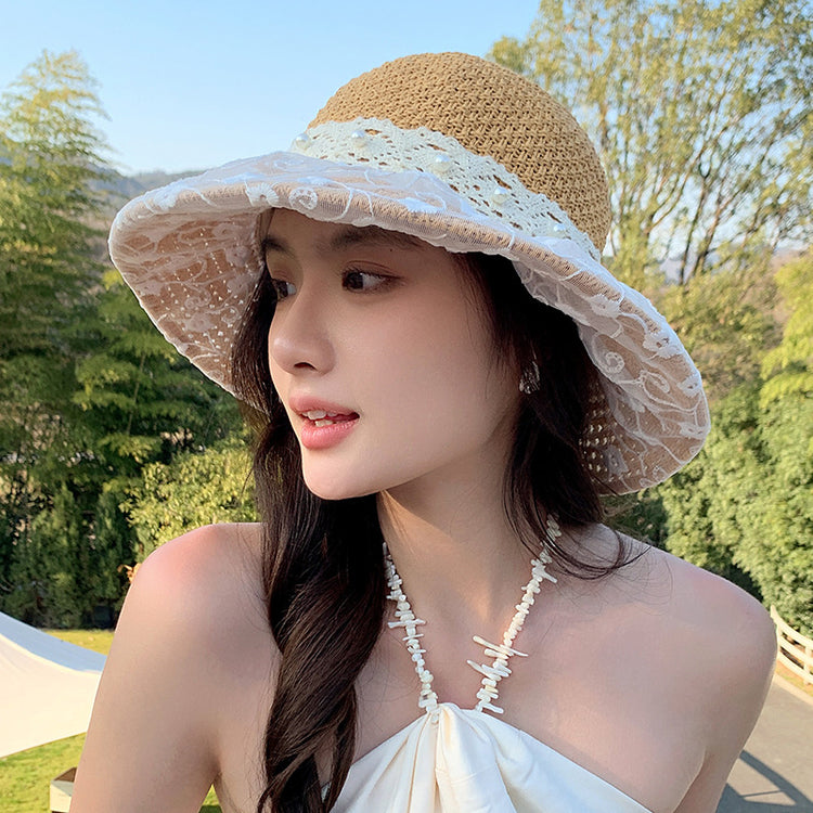 流行帽子|夏季新款帽子女蕾絲蝴蝶結漁夫帽韓版顯臉小海邊沙灘草帽防紫外線「C5237」25.04-5