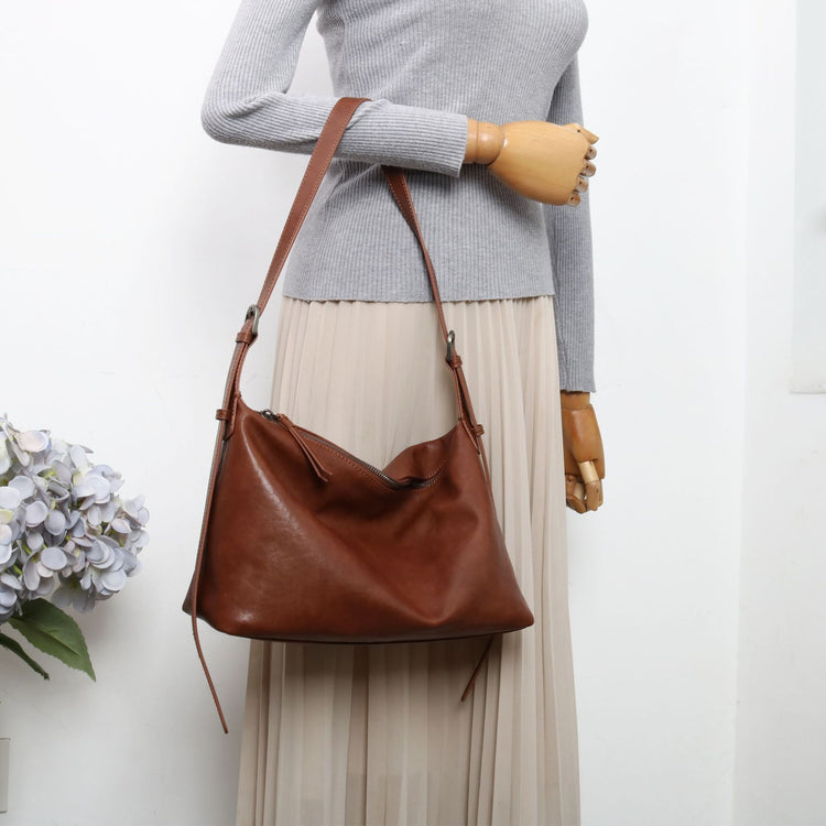 質感真皮|優質植鞣真皮Hobo托特包女大容量單肩通勤包高級質感斜挎包餃子包「3666」24.10-4