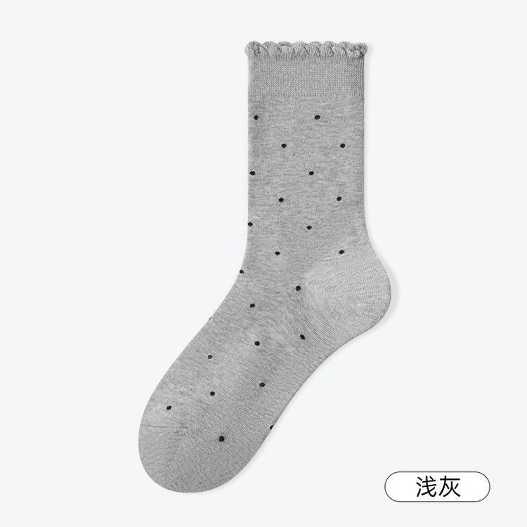 女襪|灰色堆堆襪子女撞色波點彈性花邊羅口中筒襪棉質吸汗透氣休閒襪「YS25803」25.02-2