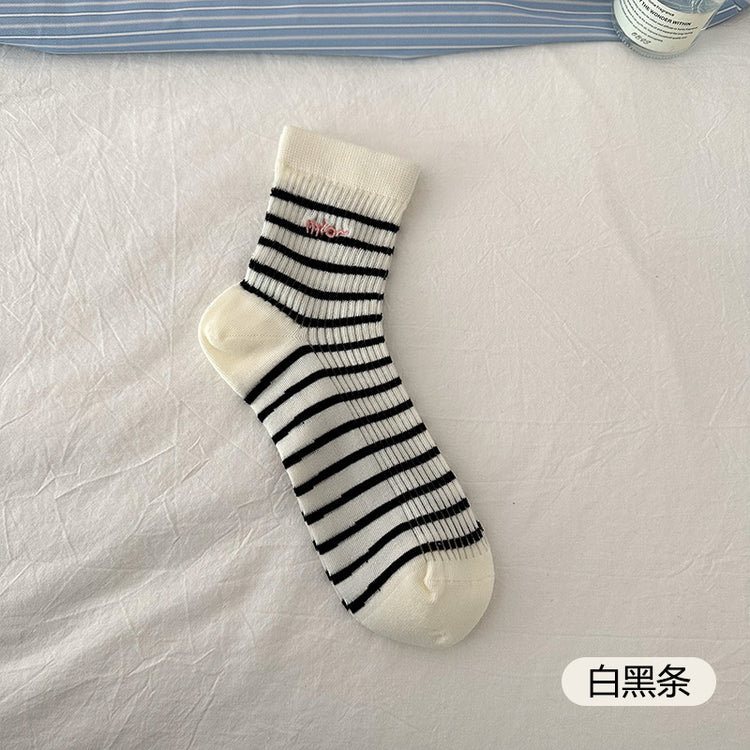 女襪|條紋襪子女棉質親膚舒適ins潮彈力中筒春夏季薄款吸濕透氣堆堆襪「MK5076」25.02-3