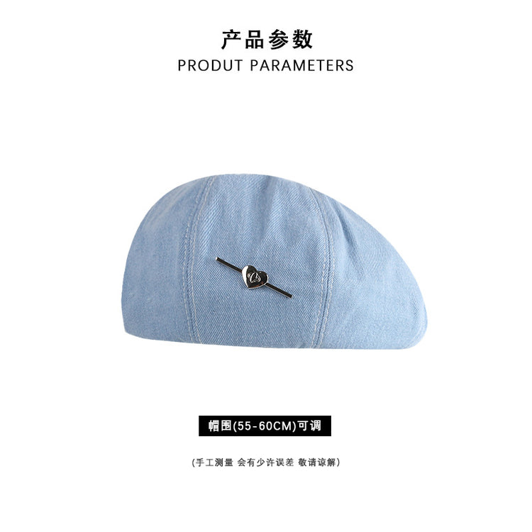 流行帽子|愛心藍色水洗牛仔貝雷帽女2024新款小眾復古顯臉小大頭圍畫家帽子「C4291」24.09-3