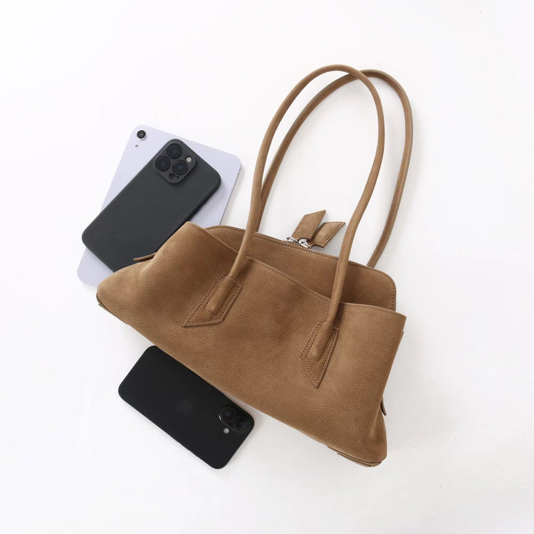 質感真皮|2025新款頭層麂皮不規則斜頂手提托特包磨砂荔枝牛皮腋下包「6163-S」25.10-1