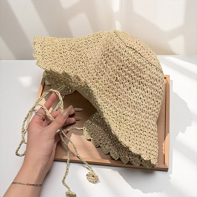 流行帽子|手工編織鏤空草帽子女夏可折疊海邊度假遮陽防曬帽百搭大檐太陽帽「C5326」25.06-3