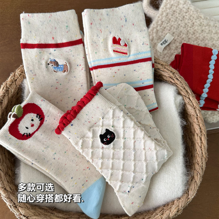 女襪|韓系少女卡通襪子女點子紗彈力親膚舒適中筒襪棉質吸汗透氣堆堆襪「TM3726」25.10-3