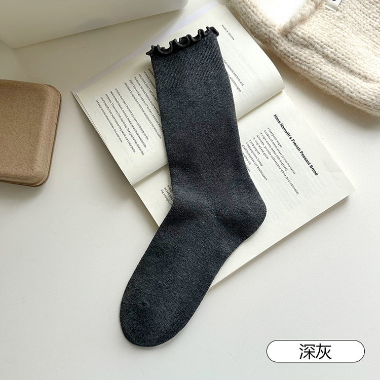 女襪|純色襪子女彈力木耳邊親膚舒適堆堆襪棉質吸汗透氣抑菌防臭中筒襪「DS1153」25.09-3