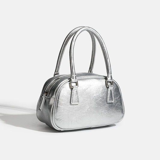 日韓流行|韓國小眾設計手提女包精緻百搭斜挎油蠟皮保齡球包波士頓包「9365#」24.05-1