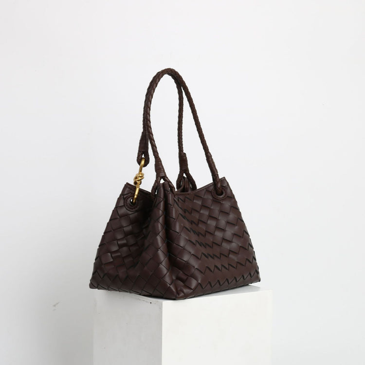 質感真皮|2024年新金屬繩扣真皮編織包降落傘包舒淇同款手提菜籃子大容量「6010#」24.07-1