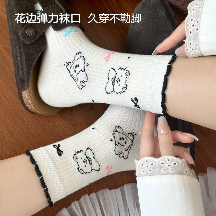 女襪|卡通可愛小狗襪子女夏季通勤簡約ins潮中筒襪棉質吸汗透氣堆堆襪「XH2506」25.06-4
