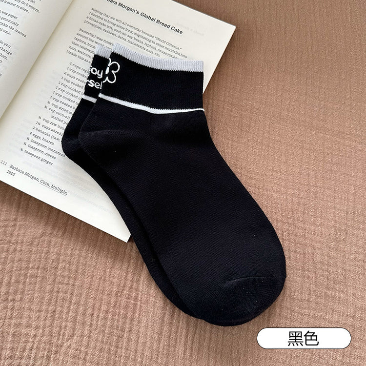 女襪|刺繡襪子女棉質吸汗透氣抗起球短襪彈力無骨ins潮學院風運動襪「20213」25.06-3