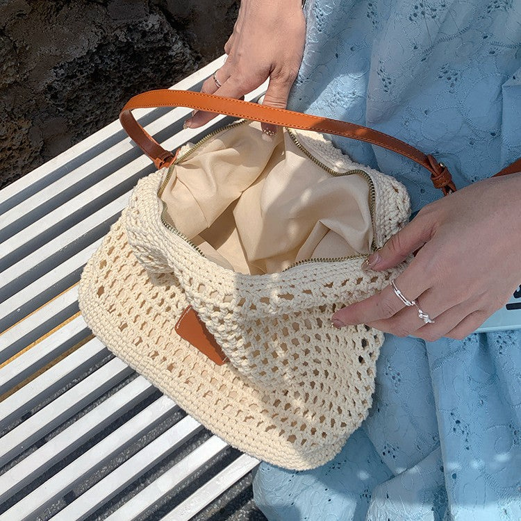 日韓流行 | 編織鏤空包女2025新款夏季海邊度假旅遊托特包包沙灘包單肩腋下包「L9008」25.06-4