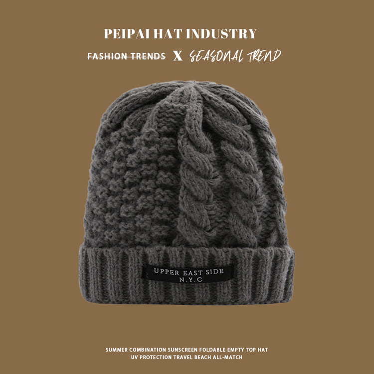 流行帽子|麻花針織帽冬天韓版百搭保暖護耳毛線帽防寒套頭帽NYC字母帽子女「C1431」25.01-1