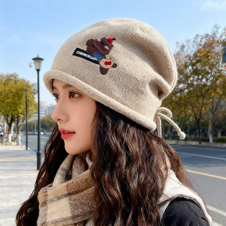 流行帽子|可愛卡通小熊帽子女秋冬包頭針織帽網紅百搭堆堆帽顯臉小卷邊冷帽「C5672」25.09-5