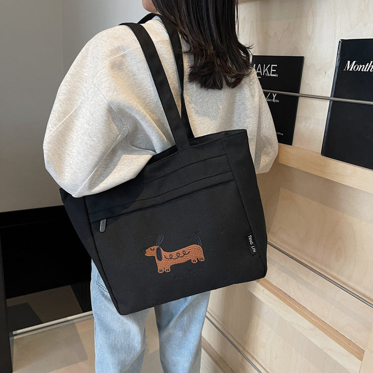 致青春|韓國文藝包女臘腸狗刺繡手提單肩包休閒時尚百搭學生托特包批發「2857-126」25.03-3