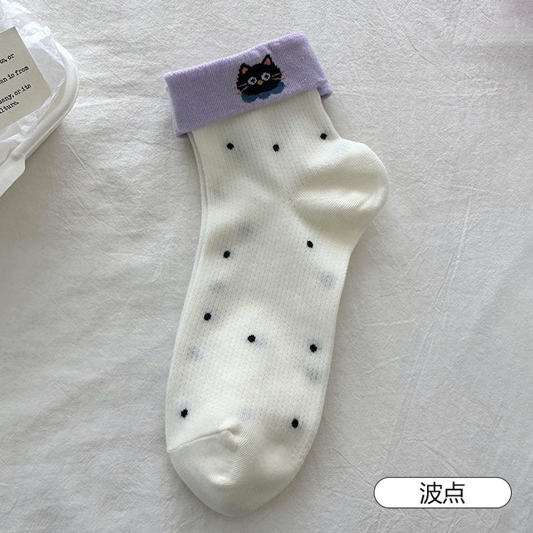 女襪|翻邊襪口襪子女夏季薄款網眼透氣中筒襪棉質吸汗防臭簡約休閒襪「XHS8033」25.04-3
