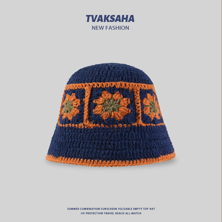 流行帽子|手工針織漁夫帽女顯臉小撞色條紋毛線帽秋冬季顯臉小國風針織帽潮「C4008」24.07-4