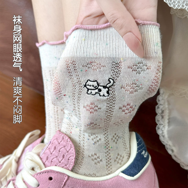 女襪|夏季薄款襪子女棉質吸汗透氣撞色木耳邊堆堆襪彈力親膚舒適中筒襪「MD25111」25.07-2