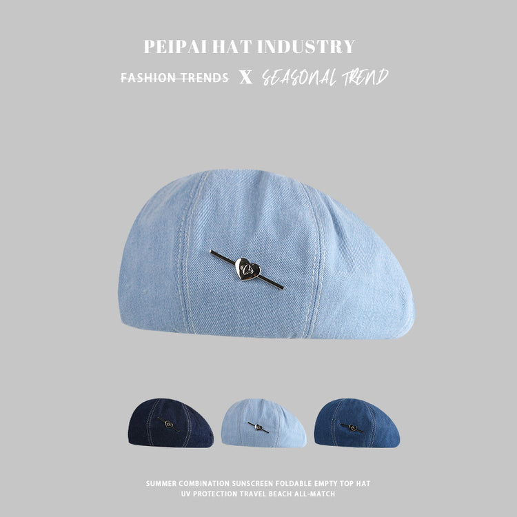 流行帽子|愛心藍色水洗牛仔貝雷帽女2024新款小眾復古顯臉小大頭圍畫家帽子「C4291」24.09-3