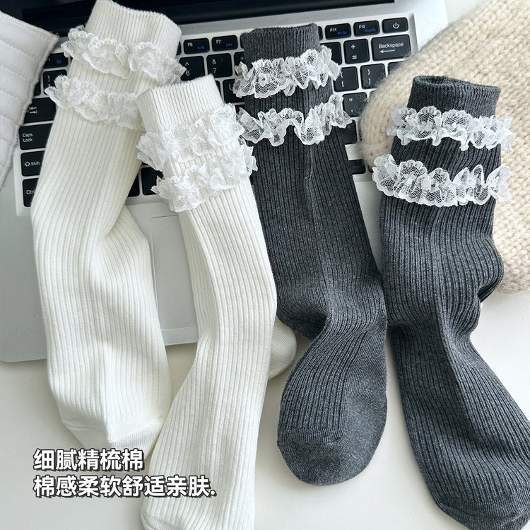 女襪|雙層蕾絲花邊襪子女竪條顯瘦彈力舒適中筒襪棉質吸汗透氣堆堆襪「XC2350」25.09-5