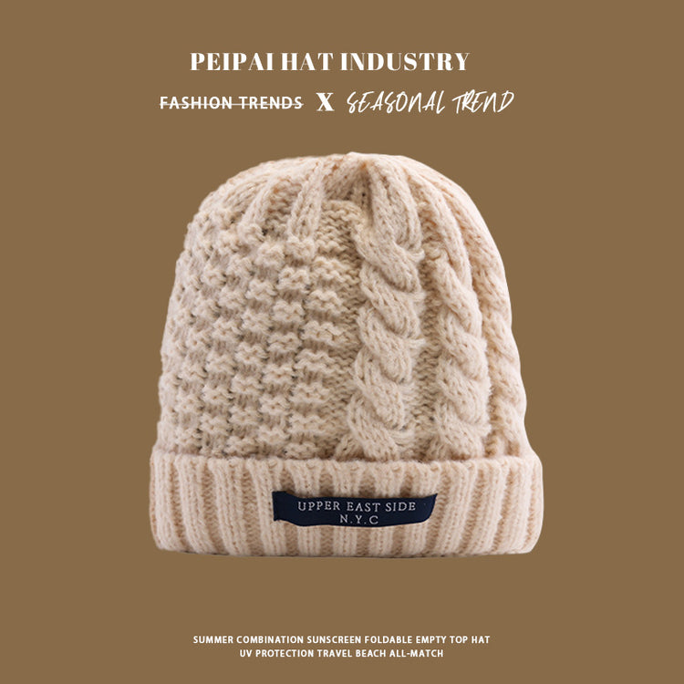 流行帽子|麻花針織帽冬天韓版百搭保暖護耳毛線帽防寒套頭帽NYC字母帽子女「C1431」25.01-1