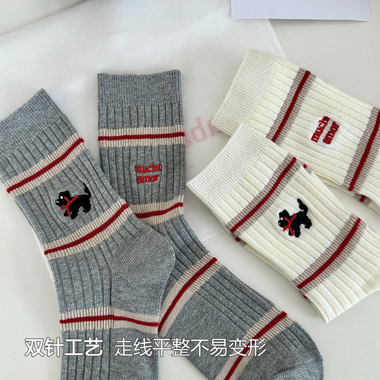 女襪|撞色條紋襪子女卡通刺繡彈力雙針耐磨中筒襪棉質吸汗透氣堆堆襪「YM1144」25.07-4