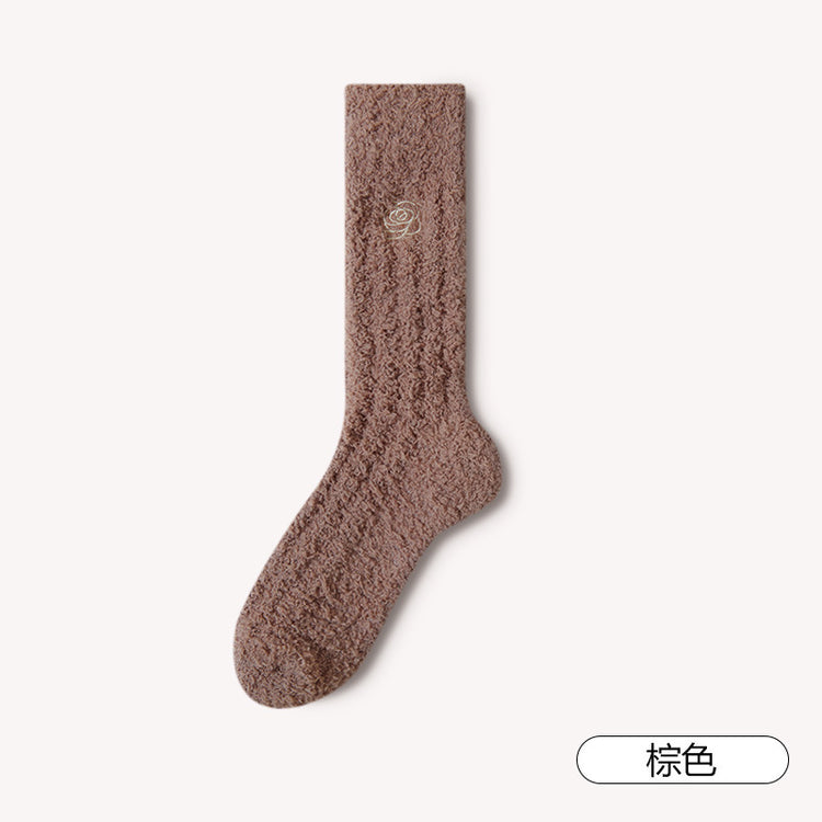 女襪|白色刺繡襪子女秋冬蓄熱鎖溫加絨加厚睡眠襪彈力軟糯親膚珊瑚絨襪「AD2388」24.12-1