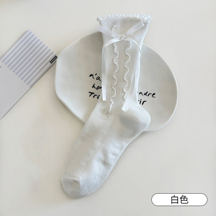 女襪|miu系蝴蝶結襪子女棉質吸汗透氣彈力中筒襪親膚舒適木耳邊堆堆襪「CX673」25.08-4