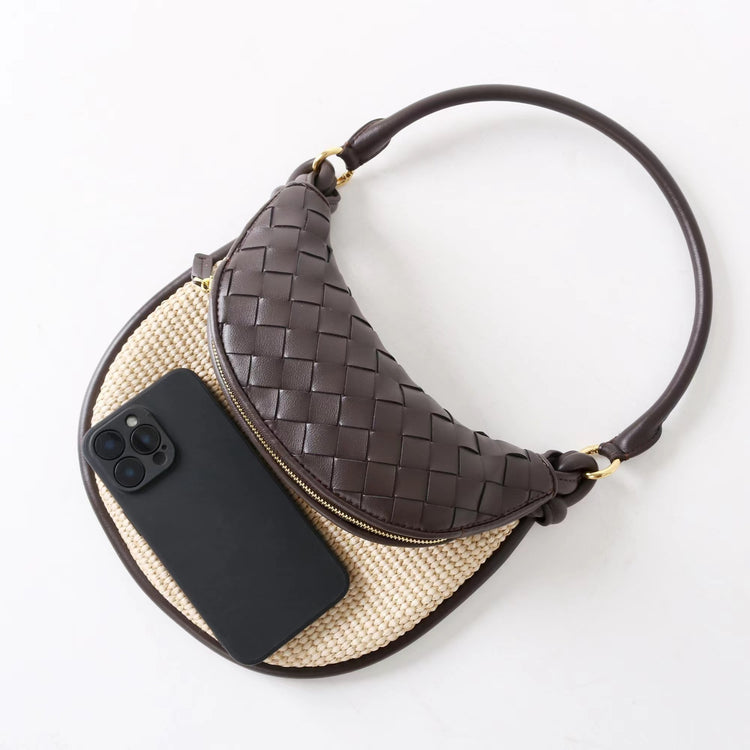 質感真皮|2025新款拉菲草編拼牛皮雙子包拼色月亮包度假單肩腋下包時尚編織包「9781-1」25.07-1