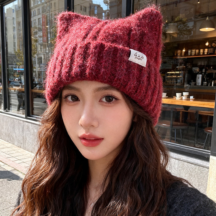 流行帽子|韓版貓耳朵毛線帽子女冬2025新款保暖護耳針織帽顯臉小可愛套頭帽「C5620」25.09-4