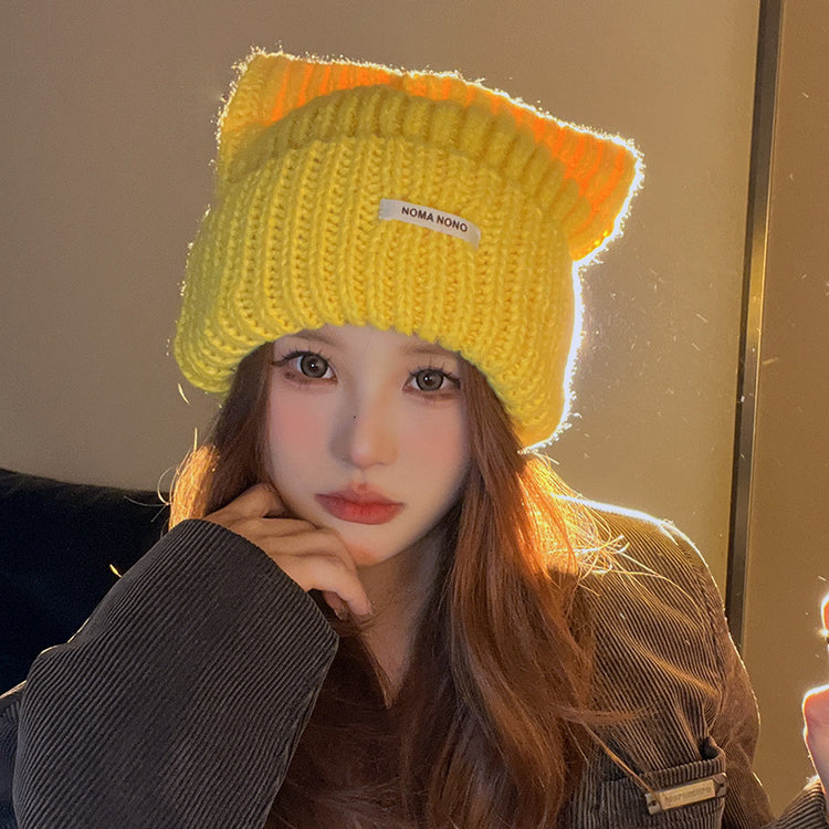 流行帽子|帽子日系可愛貓耳朵毛線帽秋冬季保暖護耳套頭帽百搭顯臉小針織帽「C4391」24.09-3