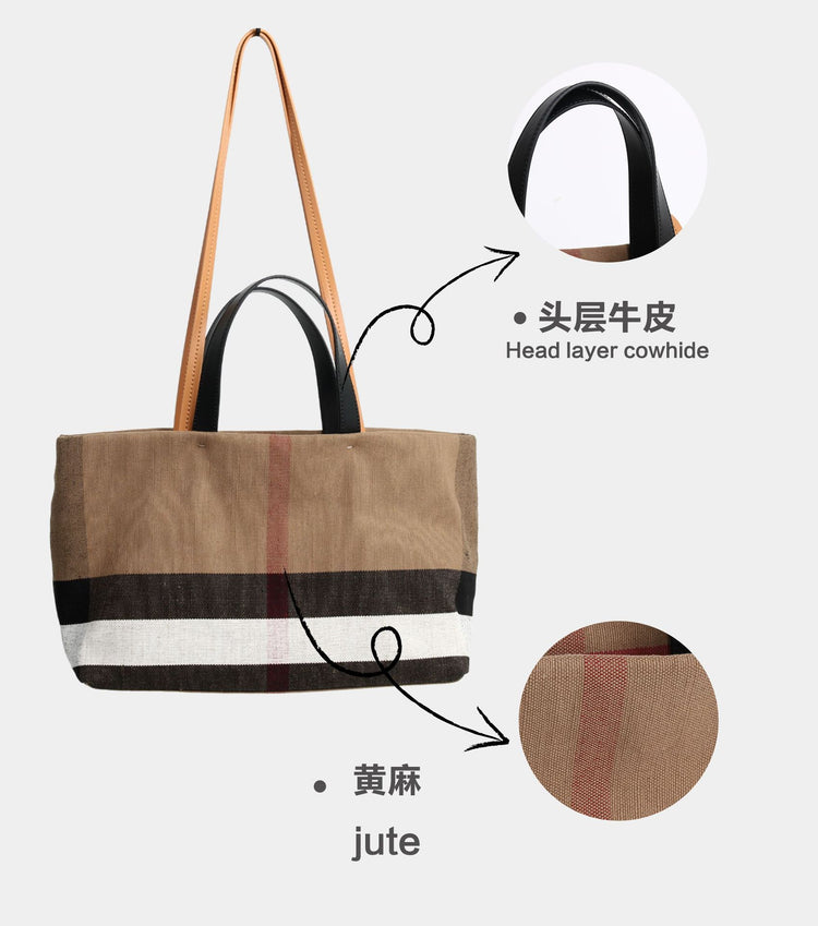 質感真皮|2024新款百搭高級感棕色條紋托特包大容量單肩女包慵懶風「3532」24.06-4