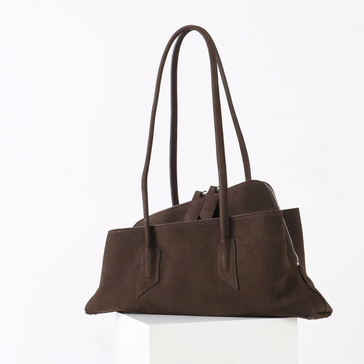 質感真皮|2025新款頭層麂皮不規則斜頂手提托特包磨砂荔枝牛皮腋下包「6163-S」25.10-1