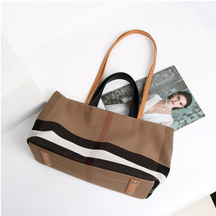 質感真皮|2024新款百搭高級感棕色條紋托特包大容量單肩女包慵懶風「3532」24.06-4