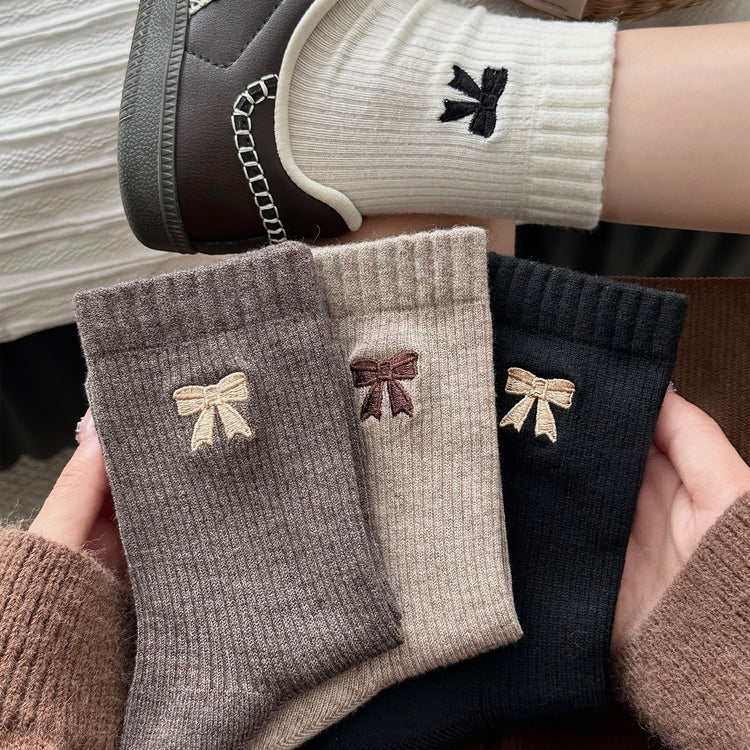女襪|美拉德襪子女秋冬ins潮棉質吸汗透氣中筒襪韓系蝴蝶結彈力堆堆襪「MYH24151」25.10-3