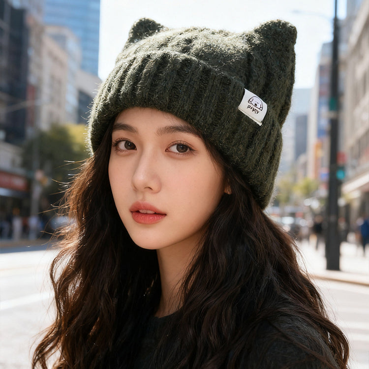 流行帽子|韓版貓耳朵毛線帽子女冬2025新款保暖護耳針織帽顯臉小可愛套頭帽「C5620」25.09-4