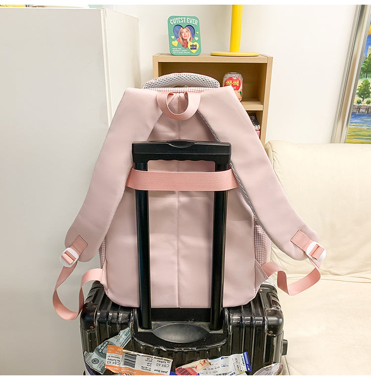 致青春 | ins可愛甜美雙肩包女簡約百搭格子大容量電腦包輕便學生書包批發「0795-130」25.05-2