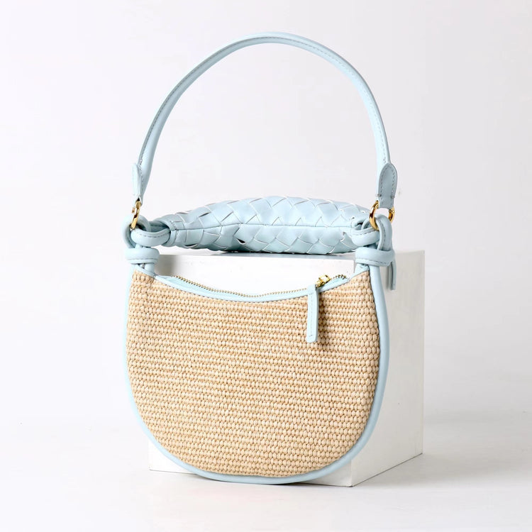 質感真皮|2025新款拉菲草編拼牛皮雙子包拼色月亮包度假單肩腋下包時尚編織包「9781-1」25.07-1