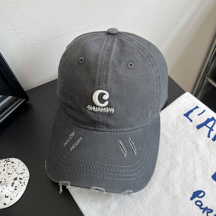流行帽子|字母破洞棒球帽子女春夏新款復古百搭遮陽帽顯臉小軟頂鴨舌帽子男「C4884」24.12-5
