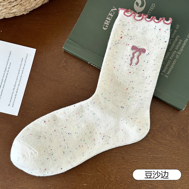女襪|木耳花邊襪子女刺繡蝴蝶結點子紗中筒襪棉質吸汗透氣堆堆襪「HC5203」25.07-5