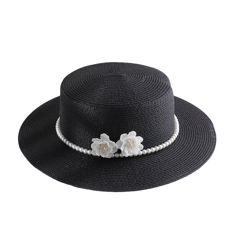 流行帽子|海邊草帽夏季遮陽遮臉防曬帽珍珠花朵赫本風沙灘度假平頂草編禮帽「C4107」24.07-4